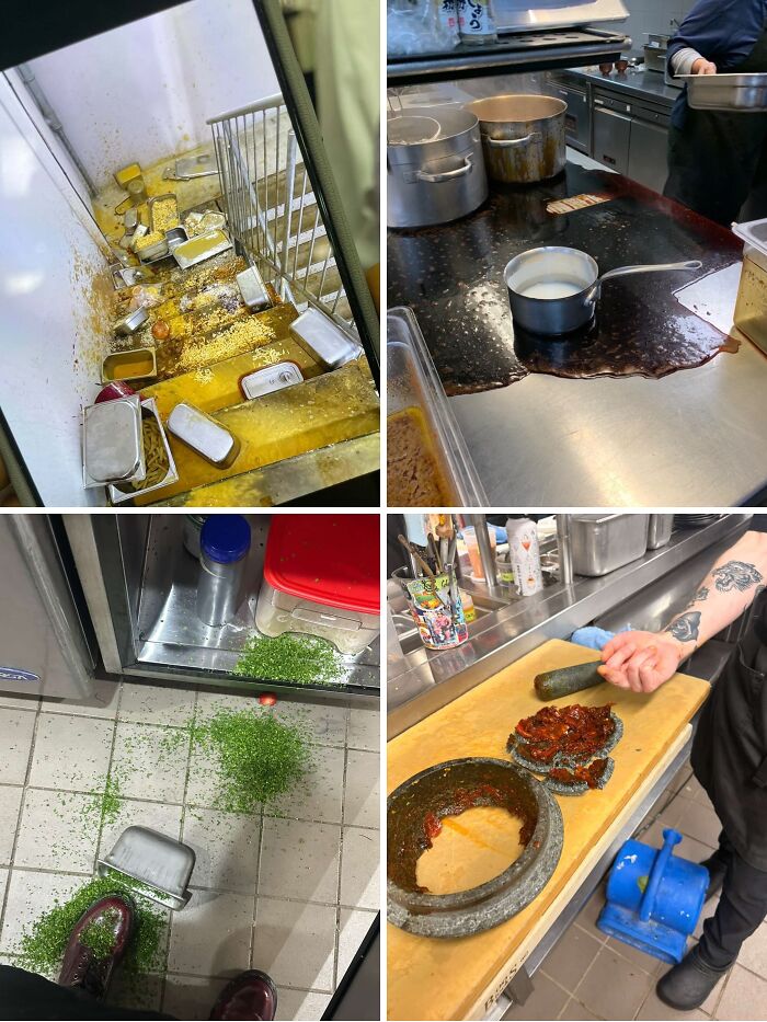 Multiple kitchen fails including spilled food and broken containers in commercial kitchen