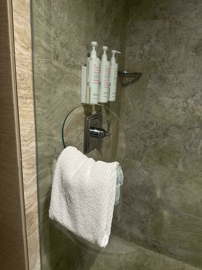 Shower towel ring and mounted shampoo dispenser for bathroom