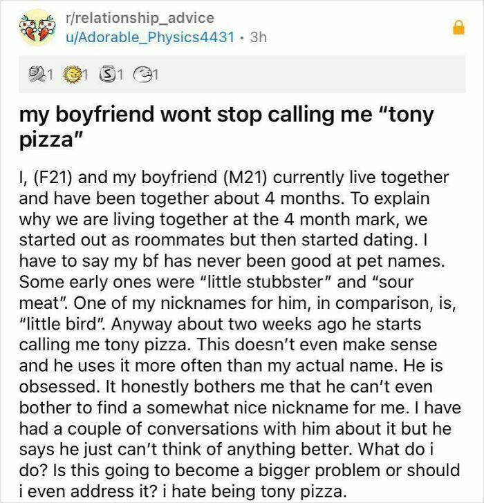Reddit story about boyfriend calling user tony pizza nickname