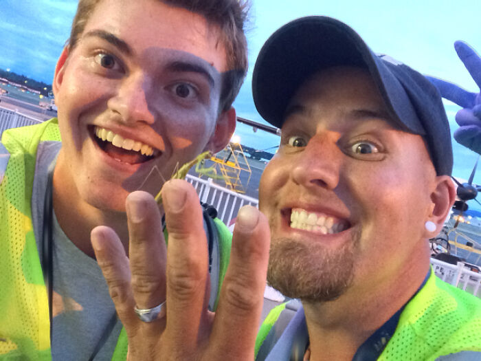 My Coworker And I Found A Praying Mantis At Work And Took A Picture With It. It Turned Out More Like A Couple's Engagement Photo