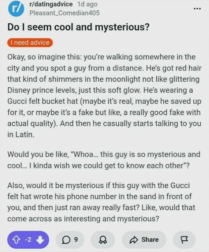 Red-haired person wearing Gucci bucket hat acting mysterious in dating advice post