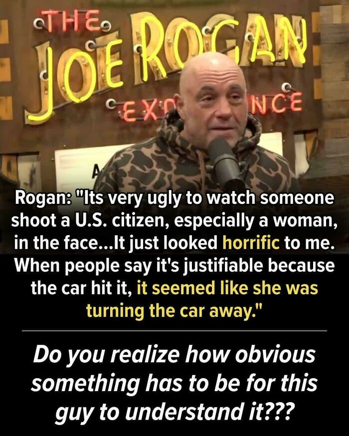 Joe Rogan podcast screenshot with quote about shooting a U.S. citizen, highlighting horrific and turning the car away