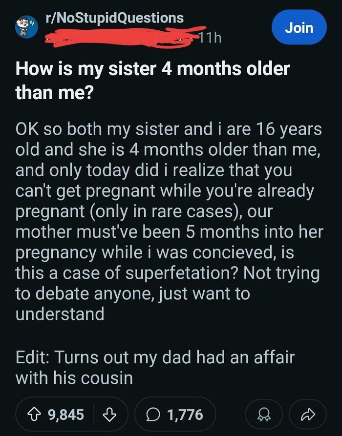 Question about sister being older and superfetation explained with family twist