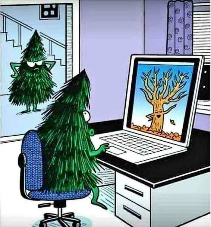 Cartoon of Christmas trees with one watching another tree on laptop turning into fall tree