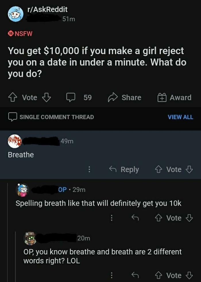 Funny Reddit thread about getting $10,000 for a girl rejecting a date quickly