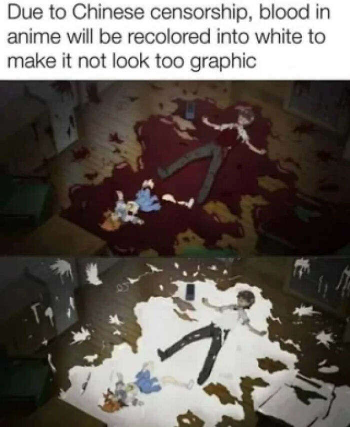 Anime blood recolored white due to Chinese censorship in a scene to reduce graphic appearance