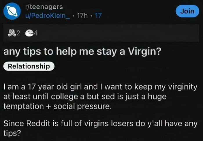 Reddit post seeking tips to stay a virgin amid social pressure