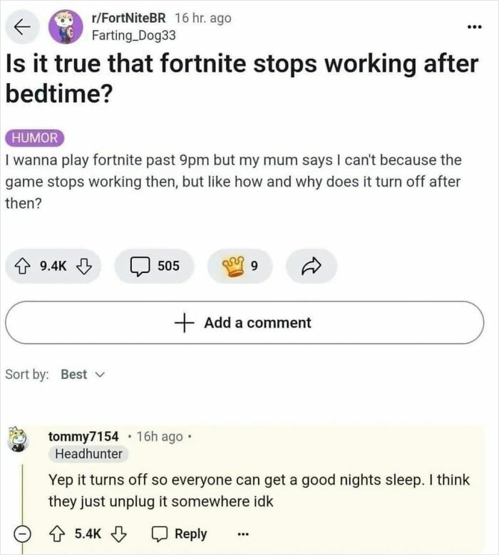Hilarious Reddit post asking if Fortnite stops working after bedtime