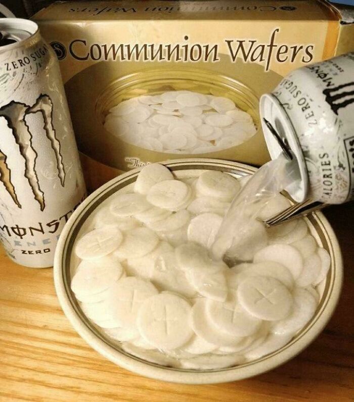 Communion wafers in a bowl with energy drink poured over, combining unusual food and drink items