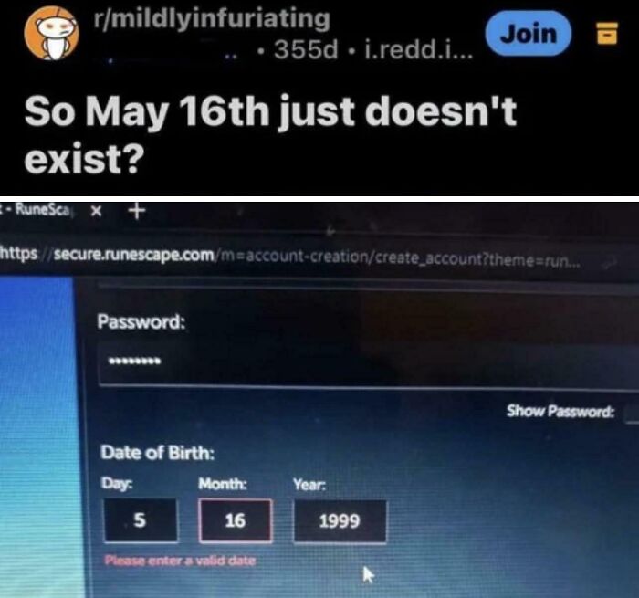 Screenshot of error entering May 16 as birth date in online form