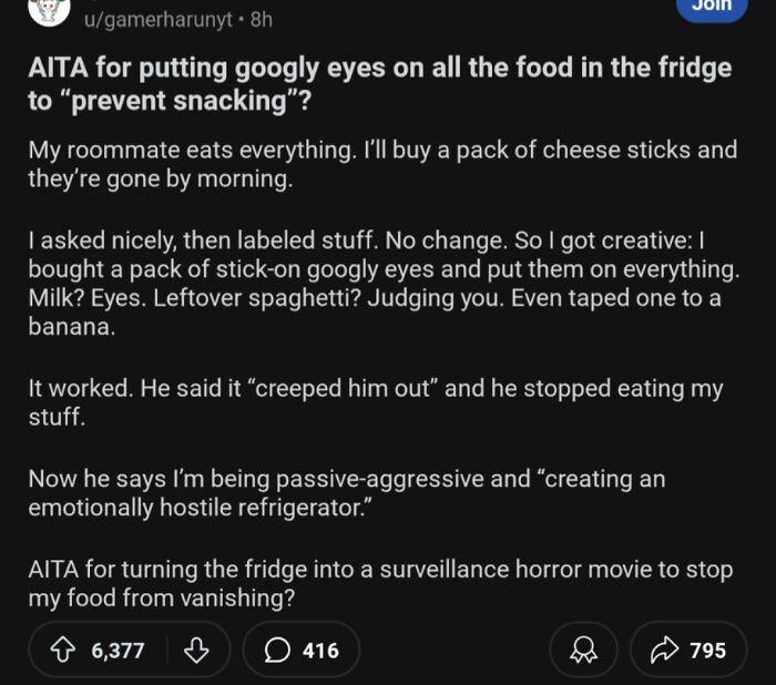 Googly eyes on fridge food to prevent snacking story