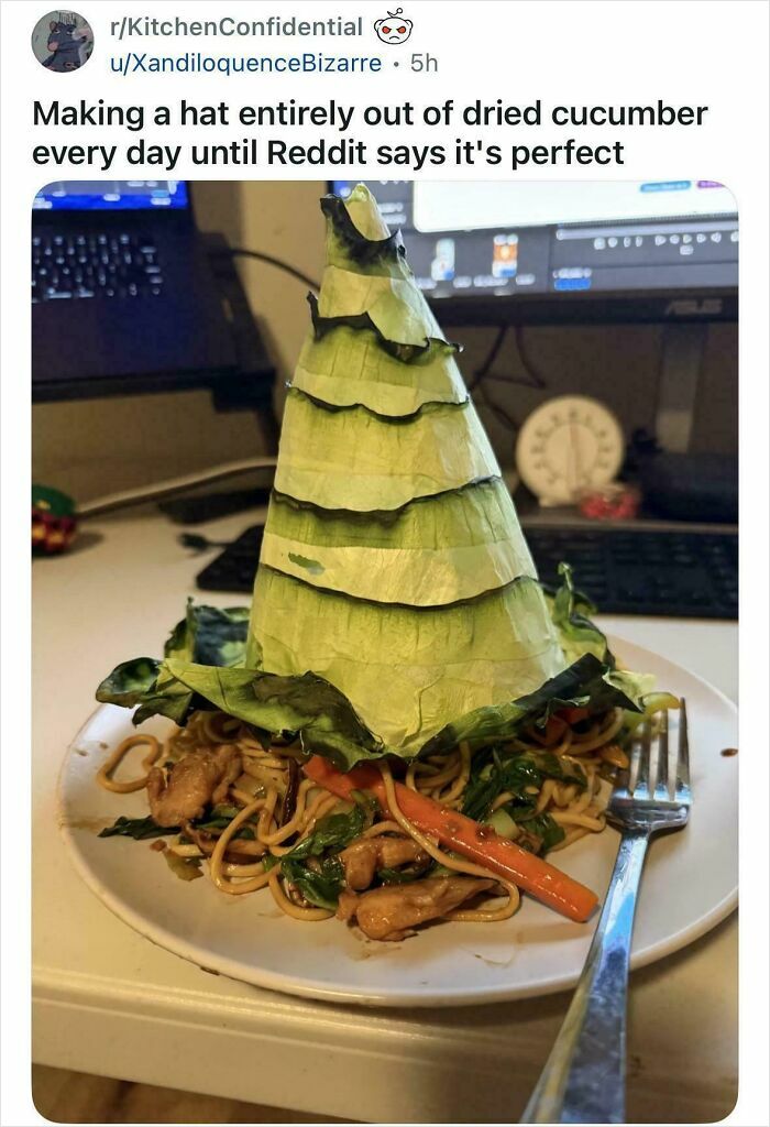 Dried cucumber hat on noodles as a hilarious food art