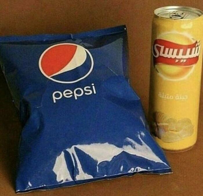 Pepsi branded bag next to can of chips in unusual snack packaging