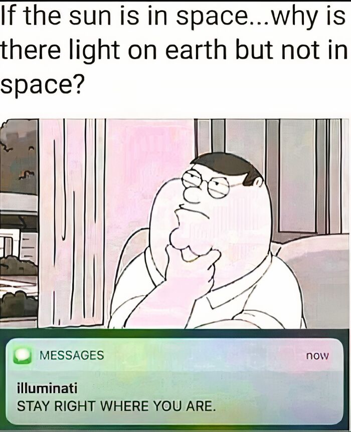 Cartoon character with text about sun in space and illuminati message science meme