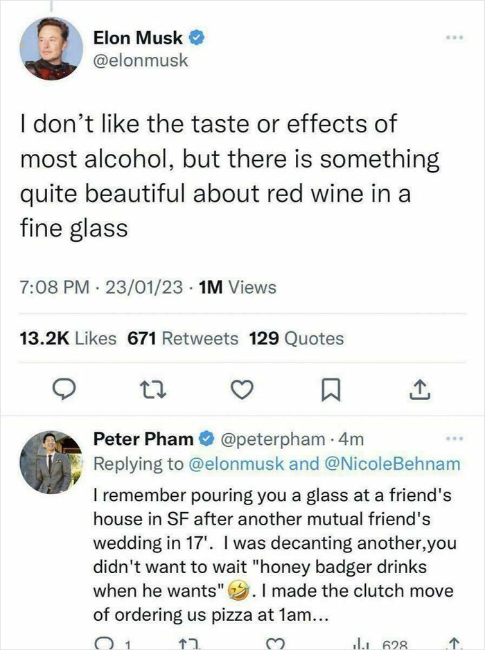 Elon Musk tweet about red wine and humorous reply about late night pizza