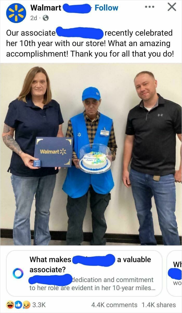 Walmart employee celebrates 10 years with store in public appreciation post
