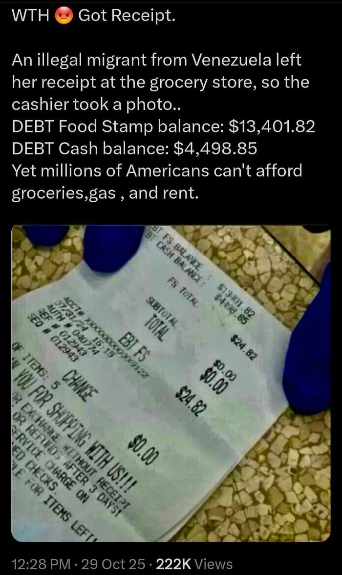Social media post showing grocery receipt with high food stamp balance and controversy
