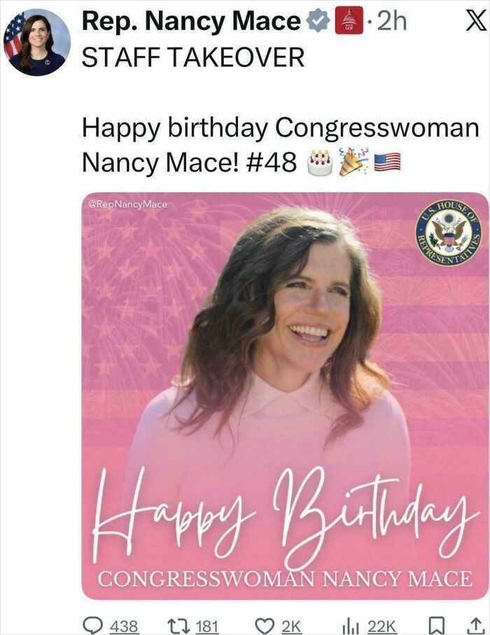 Graphic birthday greeting for Congresswoman Nancy Mace with smiling photo