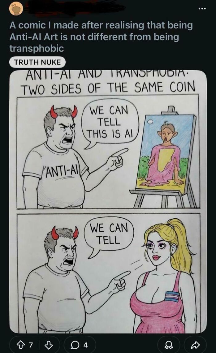Anti AI art cartoon comparing anti AI views to transphobia