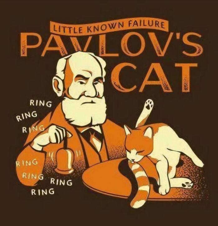 Cartoon of Pavlov ringing bell to a cat with science humor