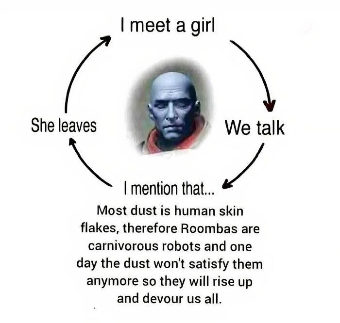 Humorous science meme about dust, Roombas and human skin flakes