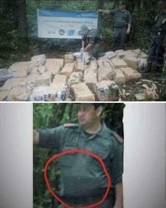 Police officers inspecting a large number of bricks with a circled belly in hmmm images