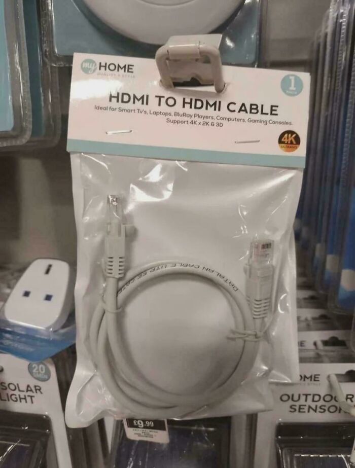An absurd You Had One Job fail, an HDMI to HDMI cable package with an ethernet cable inside.