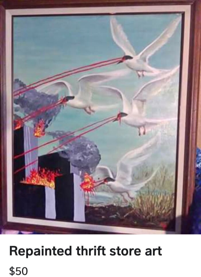 Bizarre repainted thrift store art of birds breathing fire