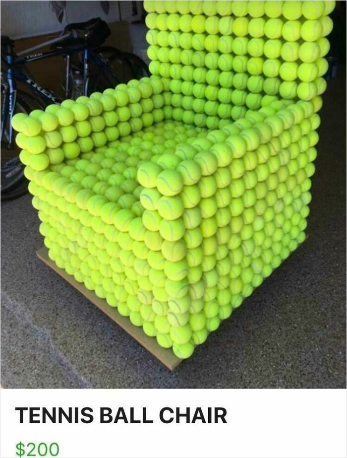 Tennis ball chair made of dozens of bright yellow tennis balls