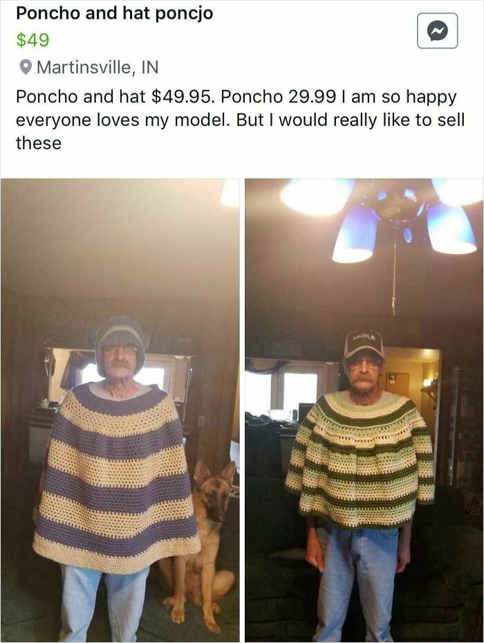 Man modeling handmade poncho and hat for sale in Martinsville