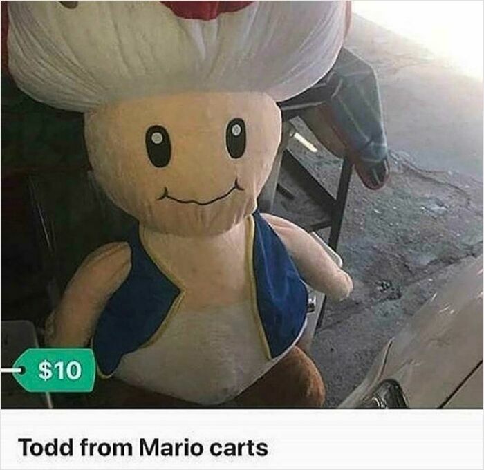 Absurd secondhand plush toy labeled Todd from Mario Carts with a white mushroom hat