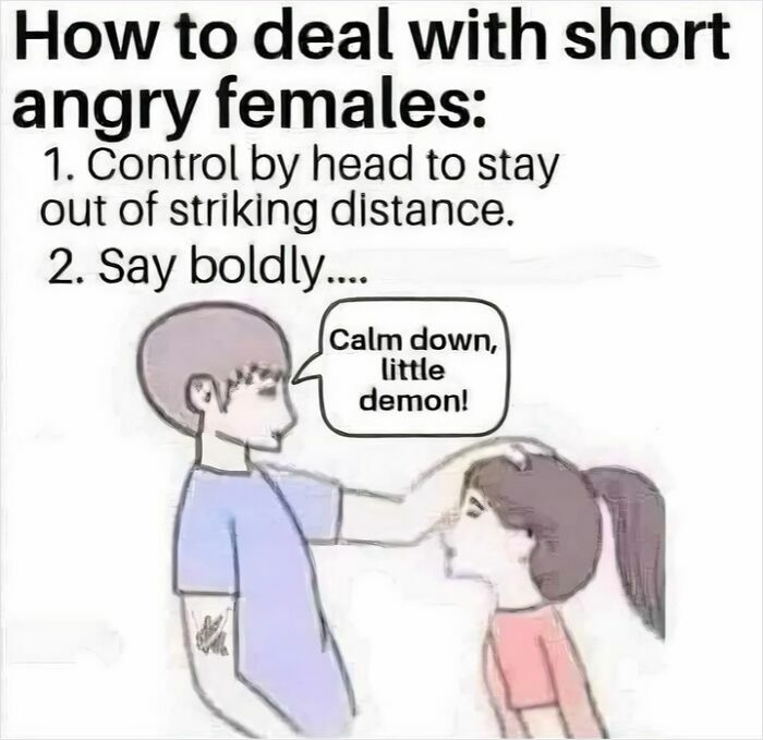 Comic style meme on how to deal with short angry females by saying calm down little demon