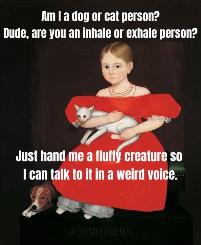 A painting of a child in a red dress holding a white cat, with a dog peeking out. Funny memes about cats.