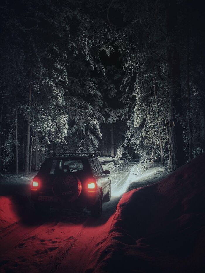 I Drove Into A Deep Winter Forest At Night, And It Looks Like In Some Stephen King Story