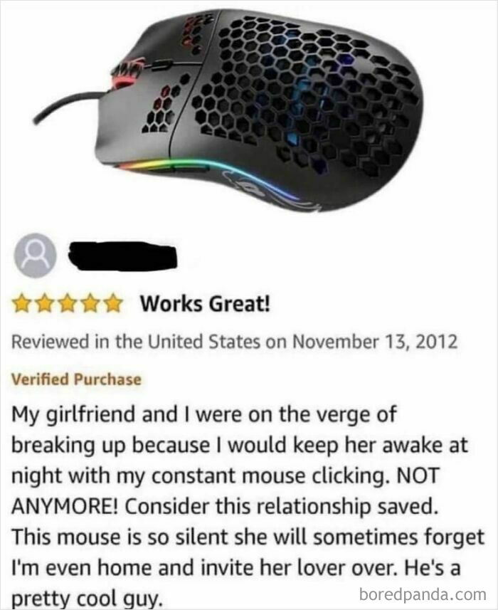 Gaming mouse with honeycomb shell and humorous product review