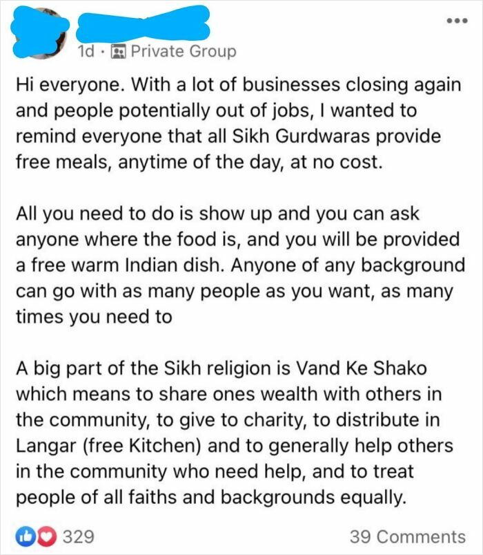 Post explaining Sikh Gurdwaras provide free meals anytime to support community