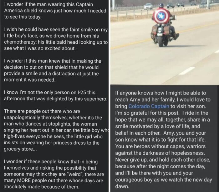 Man on motorcycle with Captain America shield inspires hope during son's chemotherapy journey