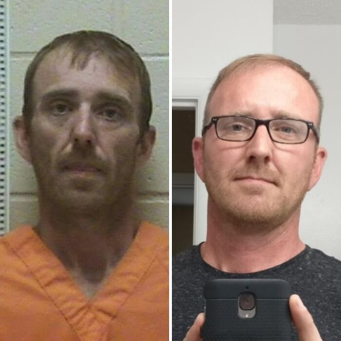 Before and after photos of a man showing personal transformation