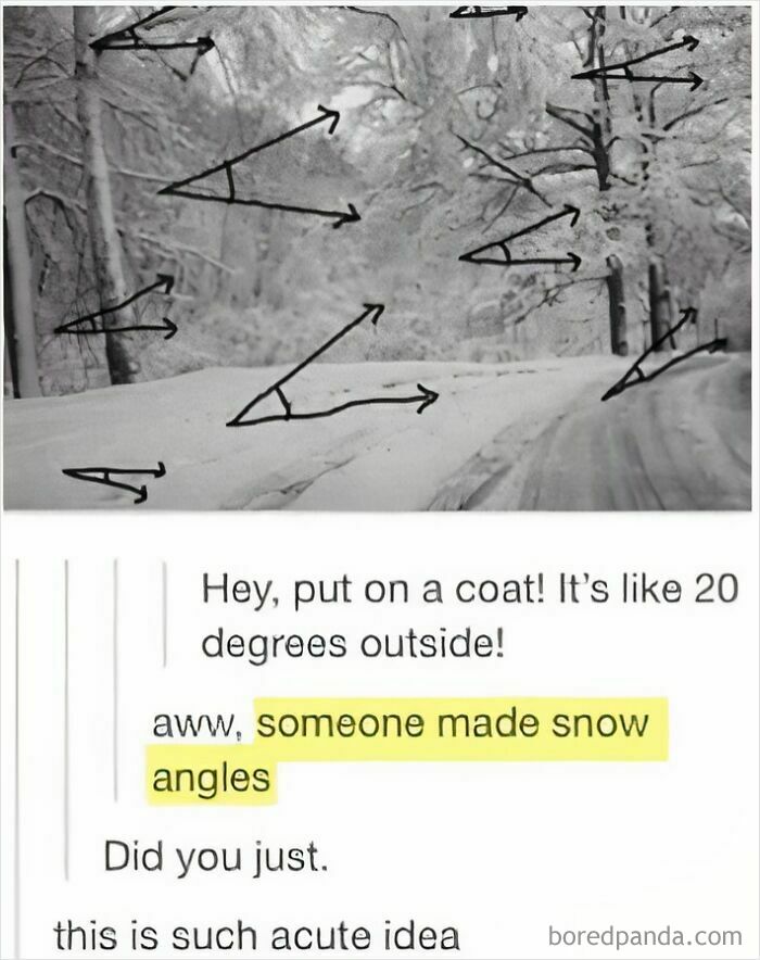 Winter scene with math angles on snow and caption about snow angles science meme