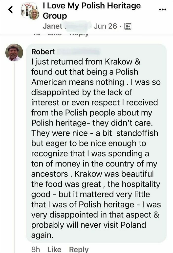 Dramatic Facebook post about disappointment in Polish heritage reception during Krakow visit