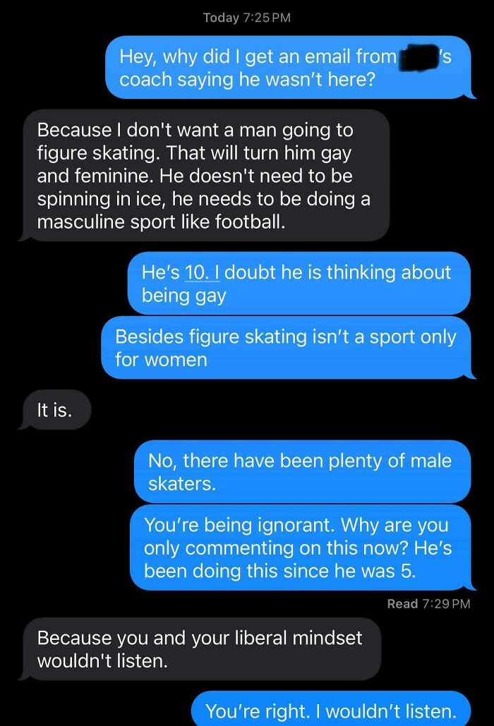 Text message arguing about masculinity and figure skating in a dramatic conversation
