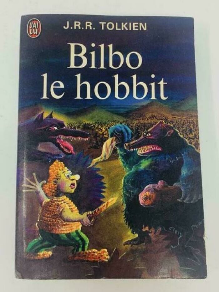 Unhinged book cover of Bilbo le hobbit with bizarrely designed fantasy creatures and characters.