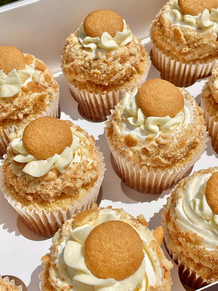 Cupcakes with creamy frosting and vanilla wafer cookie on top in a box
