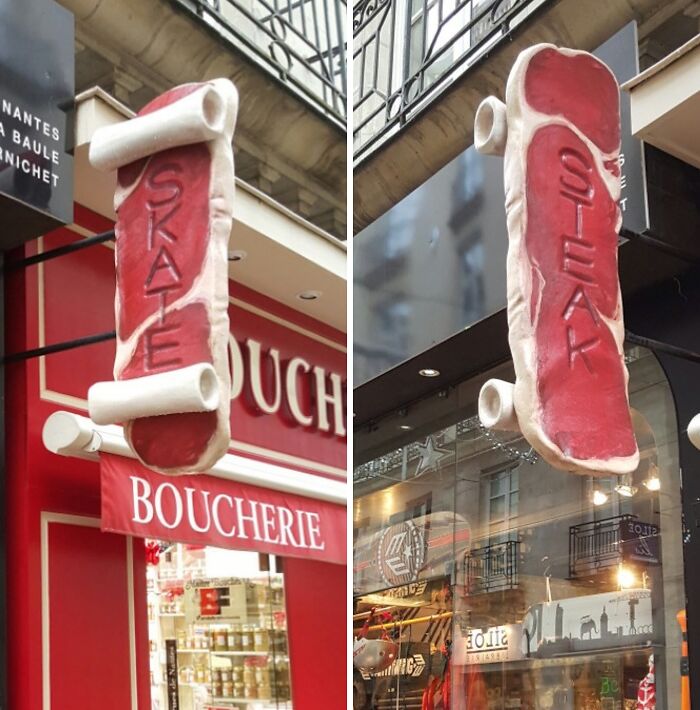 Creative steak shaped sign for a butcher shop with skate and steak lettering