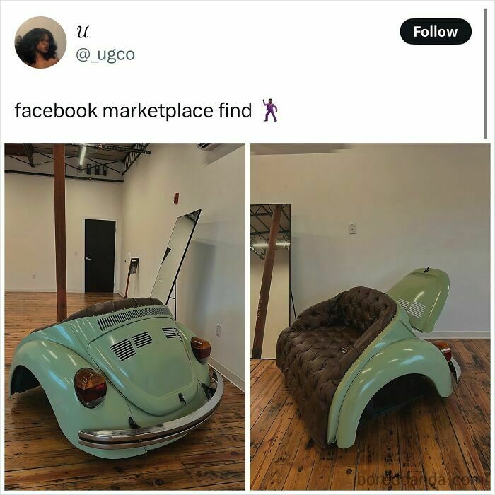 Unique chair made from a Volkswagen Beetle car rear end found on Facebook Marketplace
