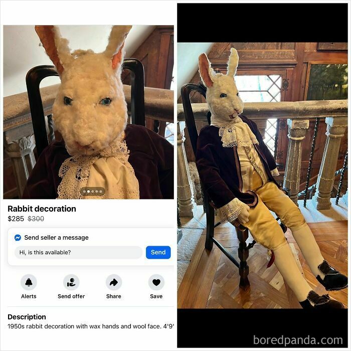 1950s rabbit decoration with wax hands and wool face listed on Facebook Marketplace