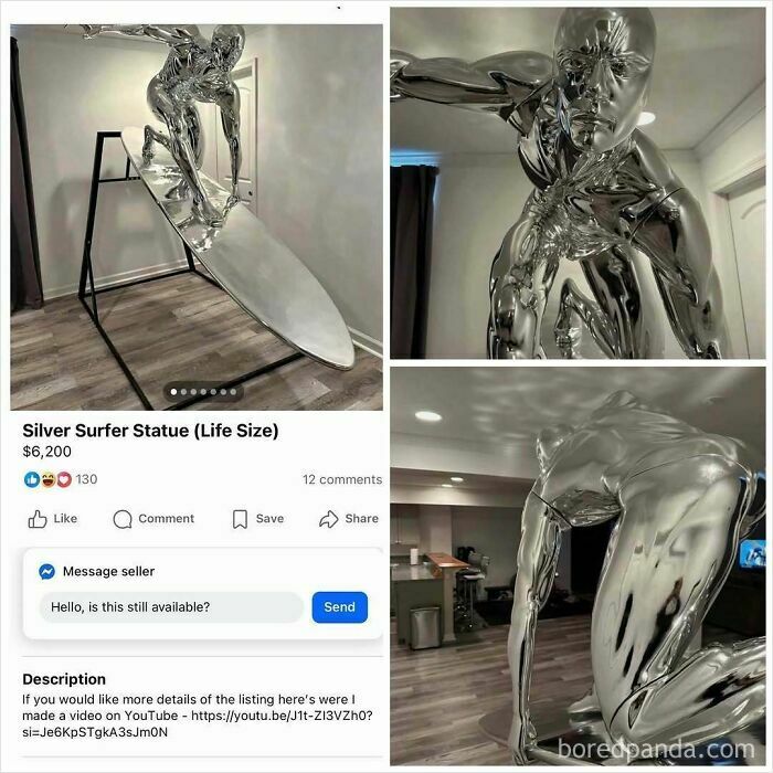 Life size silver surfer statue on Facebook Marketplace