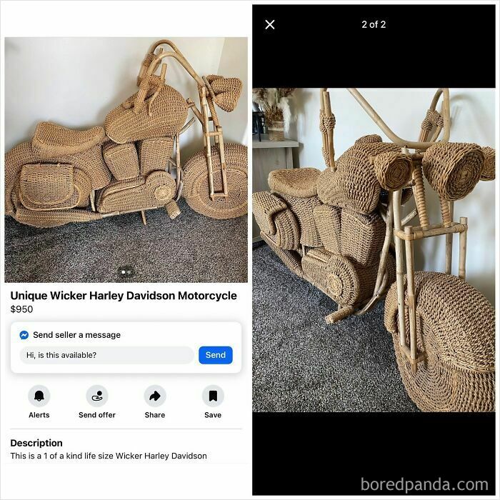 Life size unique wicker Harley Davidson motorcycle for sale