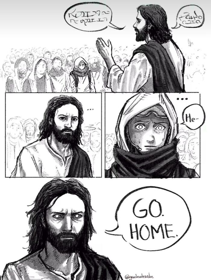 Black and white comic showing a bearded man telling a hooded figure to go home internet content