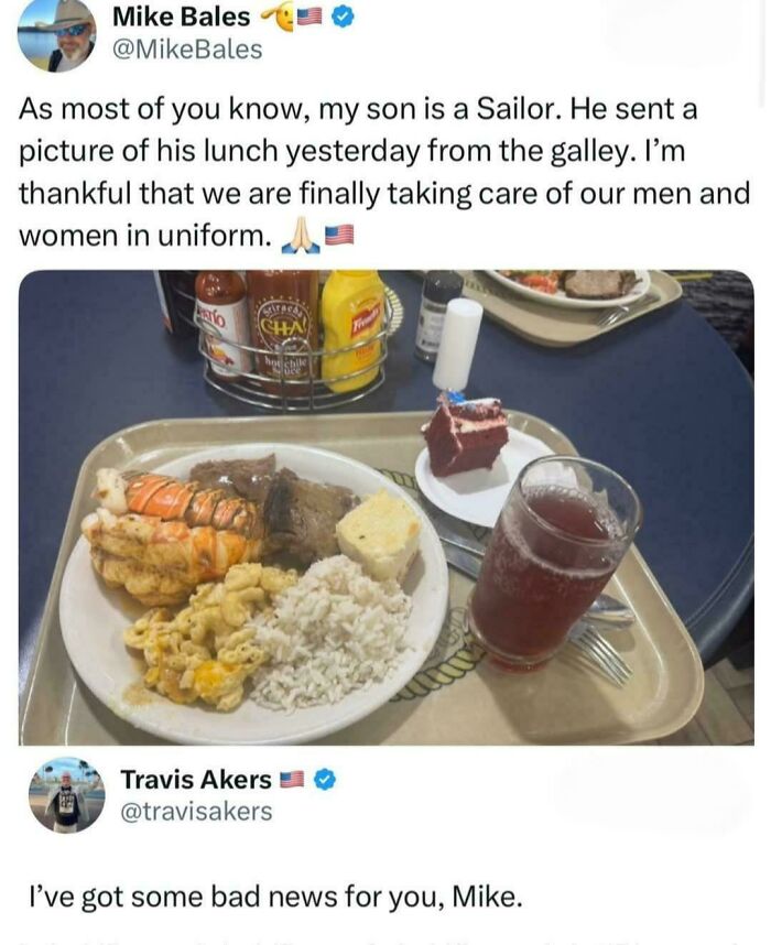 Tweet about sailor's lunch with photo of meal and a reply saying bad news internet content